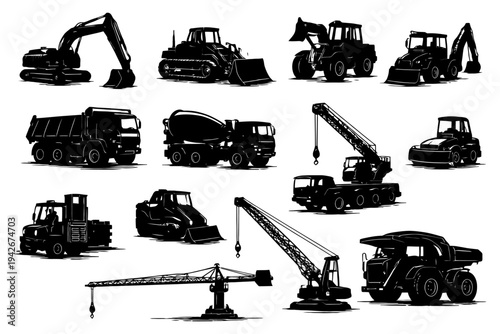 Silhouettes of construction vehicles: excavators, bulldozers, cranes, trucks.
