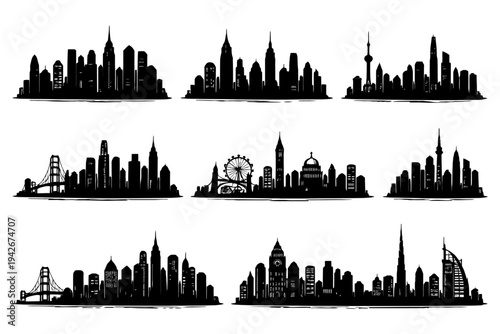 Iconic city skylines silhouette collection featuring global landmarks.