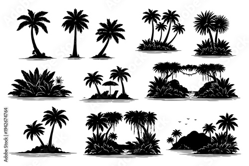 Tropical island silhouettes with palm trees and ocean scenery.