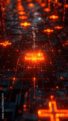 Futuristic digital circuit board with glowing orange pathways and plus signs