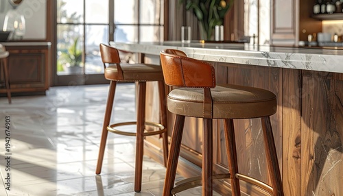 Elegant kitchen with bar stools, natural light, and marble countertop