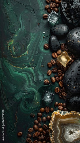 Close-up of coffee beans, stones, and ice cubes on a marbled, green surface