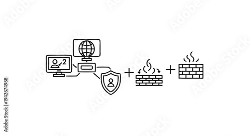 Network security system with firewall and shield icons.