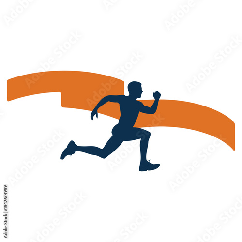 Athlete sprinting under a vibrant orange finish ribbon in mid-race action