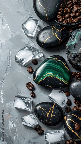 Coffee beans, ice cubes, and ornate stones on a textured surface