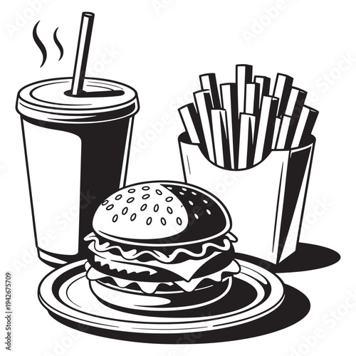 Classic fast food meal featuring a burger, fries, and a cold drink.