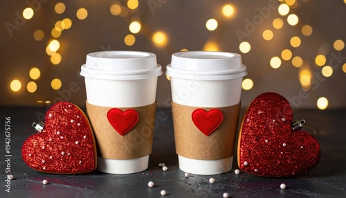 Two coffee cups, heart ornaments, fairy lights, warm and loving scene