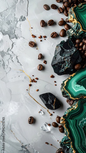 Coffee beans, rocks, and marble texture with emerald green details