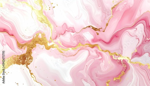 Pink and gold abstract fluid art with flowing patterns and textures