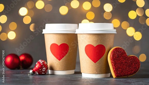 Two coffee cups with hearts, a cookie and ornaments in front of lights