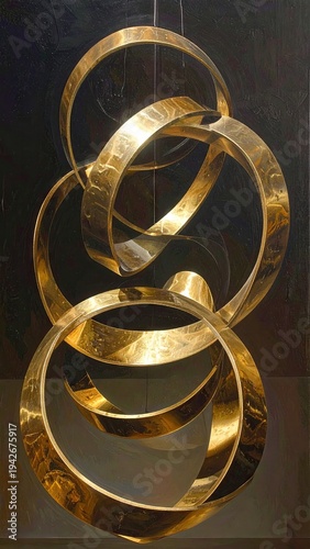 Interlocking golden rings sculpture against a dark background