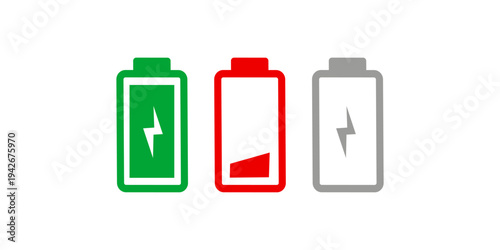 Battery level indicators. Colorful battery charge level icons. Battery power level pictograms in outline style. Vector