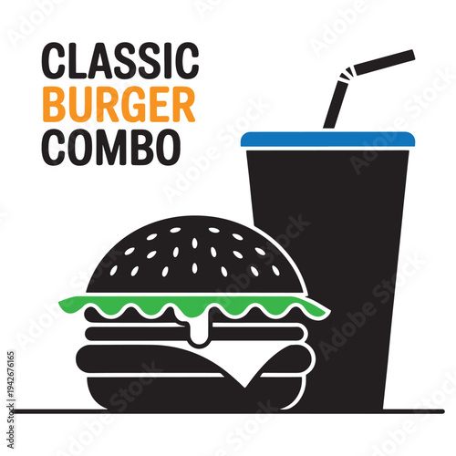 Delicious classic burger combo featuring a burger and a refreshing drink