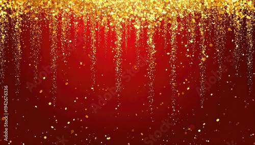 Shimmering gold strands cascade over a rich red backdrop with sparkling dots