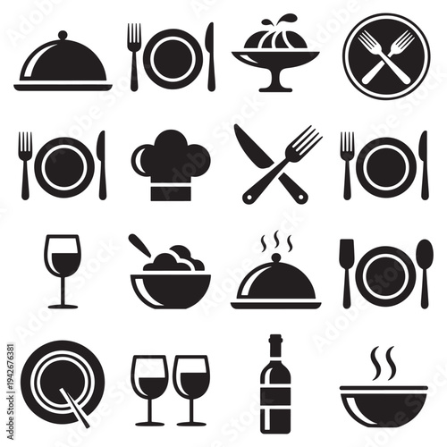 Collection of black and white icons representing various food and dining symbols