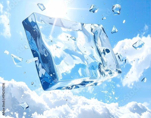 A large, clear ice cube shatters mid-air against a bright blue sky