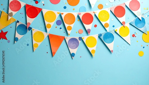Festive bunting with colorful dots and confetti on a bright blue background