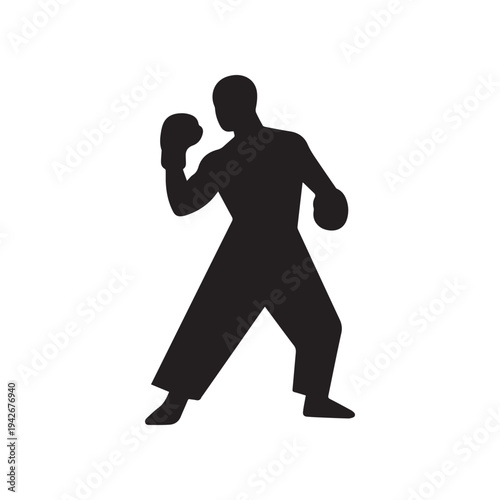 Action Silhouette of a Professional Kickboxer in a Dynamic Combat Guard Stance.