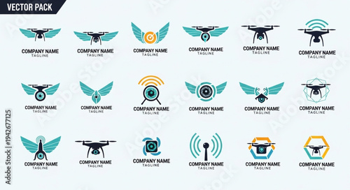 Collection of Drone Logo Designs with Wings and Camera Elements.