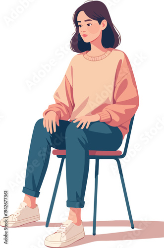 Illustrazione vettoriale di una donna seduta su una sedia con gambe accavallate. Concetto di attesa, relax, conversazione o ambiente lavorativo. Stile moderno ideale per comunicazione, lifestyle e con