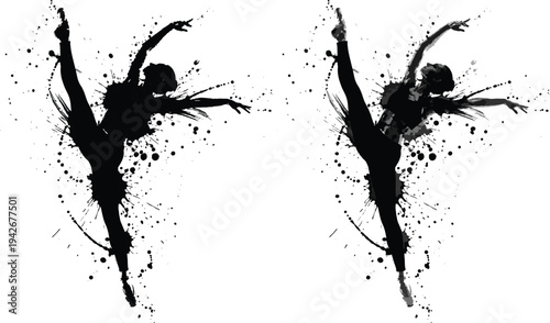 Artistic Black Ballerina Silhouette with Ink Splash Effects, Graceful Ballet Dancer Jumping in Mid Air, Performance Arts Vector Illustration, Creative