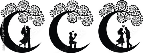 Romantic Couple Silhouettes on Crescent Moon with Heart Tree, Wedding Proposal and Love Story Vector Illustration Isolated on White Background, Valentine