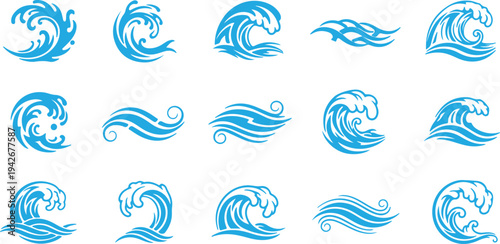 A collection of 15 beautifully stylized blue water illustrations, ranging from crashing crests to gentle ripples.
