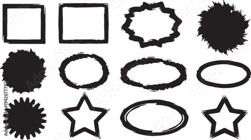 A set of 12 hand-drawn, high-contrast black ink frames featuring rough, textured edges. The collection includes various geometric outlines such as rectangles, ovals, stars and jagged  silhouettes.