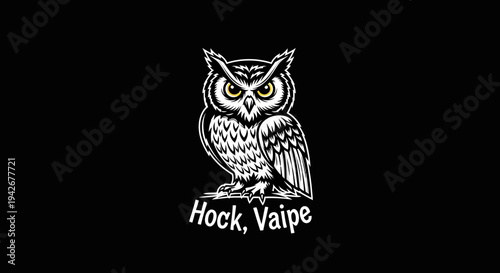 Stylized Owl Illustration with Glowing Yellow Eyes on Dark Background. Vintage Monochrome Design, Majestic Night Bird Vector Art.