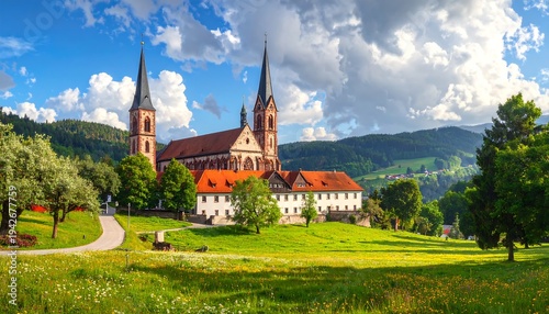 A scenic European church with twin spires, surrounded by lush green fields, trees, and rolling hills beneath a bright, cloudy sky