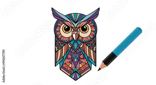 Vibrant Geometric Owl Illustration with Intricate Patterns, Next to a Coloring Pencil, Promoting Creative Art and Hobbies