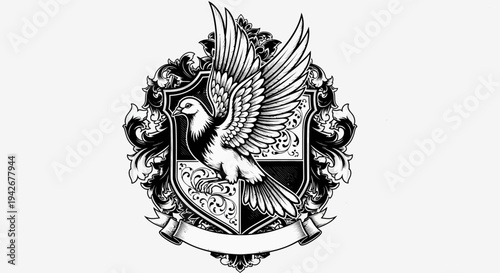 Vintage heraldic shield with a flying dove illustration. Elegant black and white emblem with ornate scrollwork, crest, and banner.