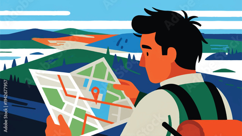 Illustration Of An Adventurer Standing On A Hill While Reading A Map Vector Design Template