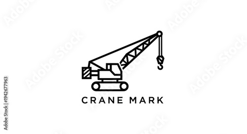 Black and white line art vector icon of a mobile construction crane, heavy equipment for building and lifting. Minimalist outline illustration.