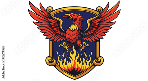 Vibrant mythical phoenix bird illustration with outstretched wings rising from golden flames on a heraldic shield emblem