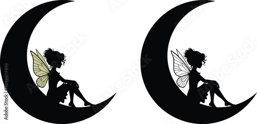 Two Mystical Fairy Silhouettes Sitting on Black Crescent Moons, Enchanted Fantasy Wings, Magic Night Sky Design Elements Isolated on White Background