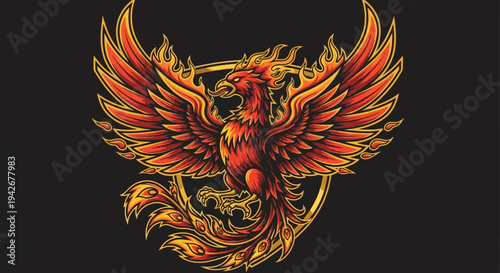 Majestic Fiery Phoenix Bird Illustration with Spreading Golden Wings and Burning Feathers, Mythical Symbol of Rebirth and Power
