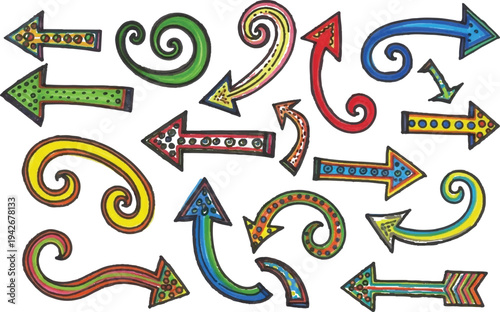A vibrant collection of hand-drawn, psychedelic arrows featuring bold primary colors and retro patterns like polka dots and stripes.