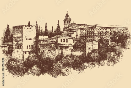 Alhambra, Spain illustration in a vintage style. This vector illustration can be used in any size you like for advertising, logos, and other work.