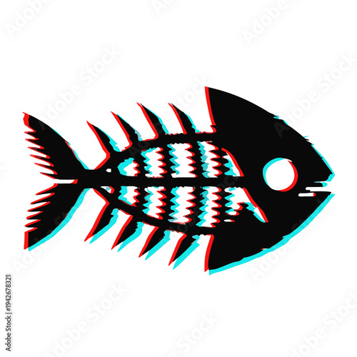 Minimal black fish skeleton silhouette with glitch effect distortion, abstract marine death symbol icon