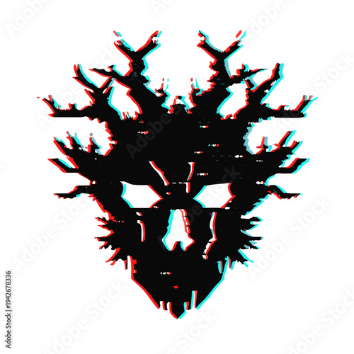Forest Spirit Mask Black Silhouette with Floral Antlers and Digital glitch effect Mystical Nature Symbol