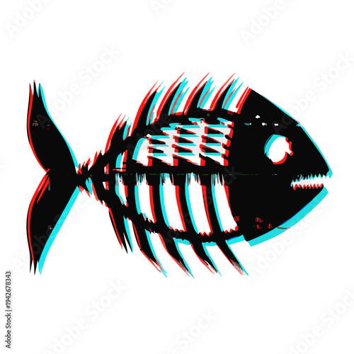Black fish skeleton silhouette with glitch effect distortion isolated minimal marine anatomy symbol