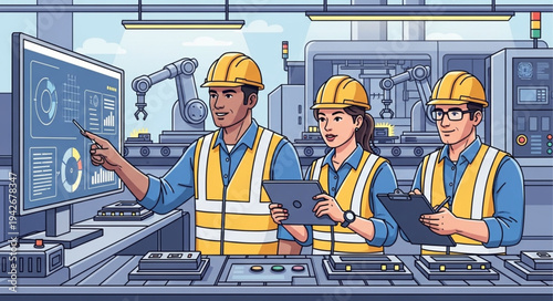 Engineers in Factory Discussing Project.