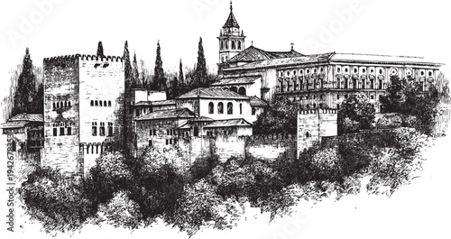 Alhambra, Spain illustration on a white background. This vector illustration can be used in any size you like for advertising, logos, and other work.