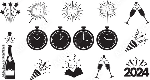 New Year Celebration Icons and Clocks Striking Midnight Hour