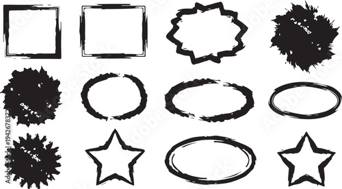 A set of 12 distressed black ink frames featuring rough, hand-drawn textures. The collection includes various geometric outlines such as rectangles, ovals, stars, and jagged "burst" shapes.