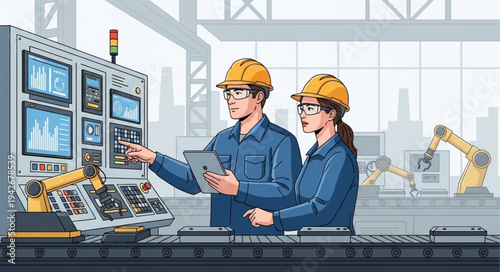 Engineers operating industrial control panel.