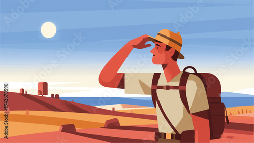 Illustration Of An Adventurer Standing On A Hilltop Observing The Horizon Vector Design Template