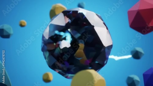 Abstract geometric shapes and a crystal rotate in a blue space.