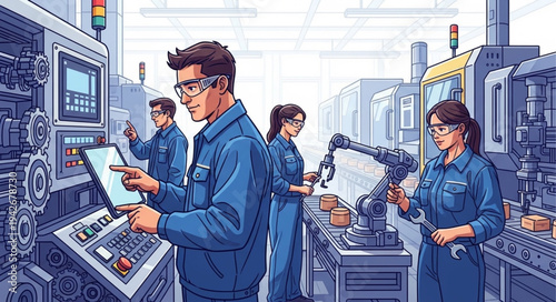 Engineers Working in Industrial Factory.